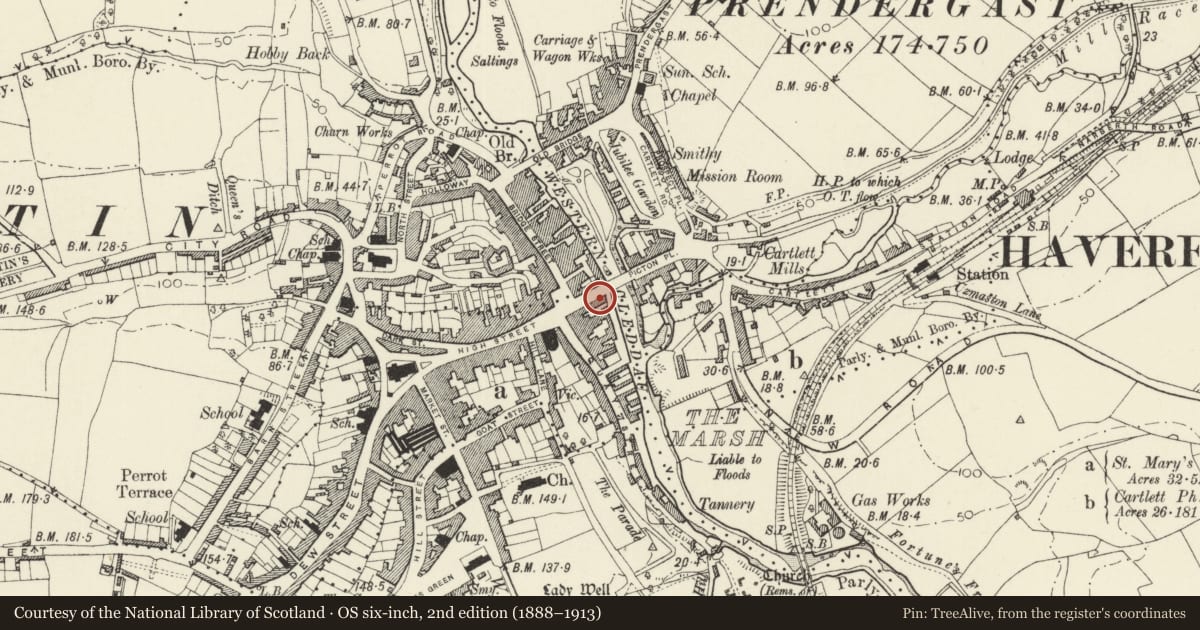 Ordnance Survey six-inch map, 2nd edition (1888–1913) covering the location of 13 Victoria Place, Haverfordwest, Pembrokeshire, with a pin at the register's coordinates
