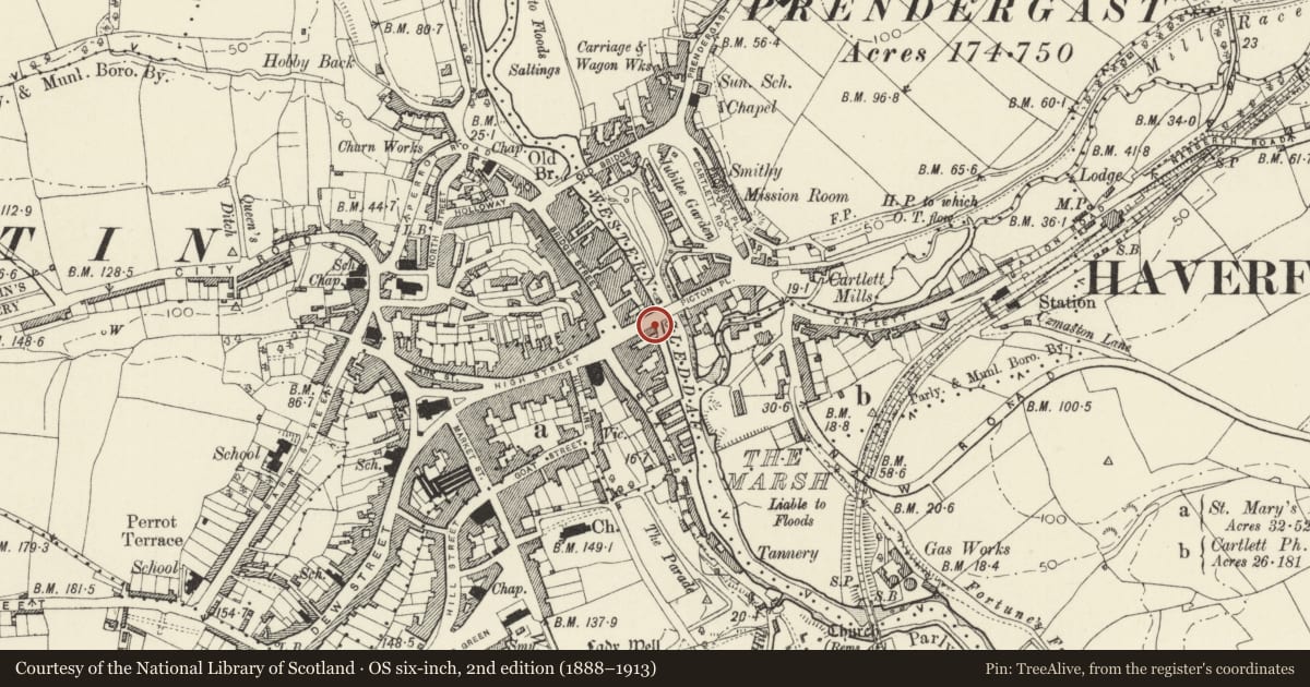 Ordnance Survey six-inch map, 2nd edition (1888–1913) covering the location of 15&17 Victoria Place, Haverfordwest, Pembrokeshire, with a pin at the register's coordinates