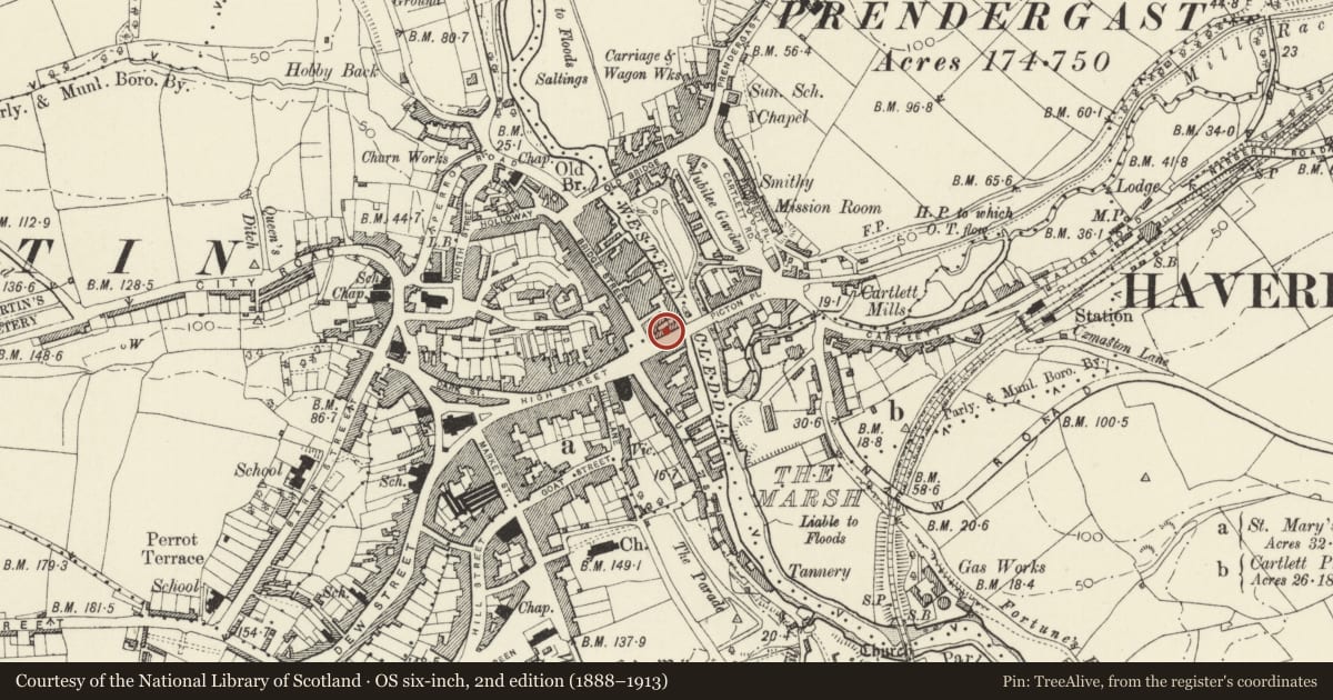 Ordnance Survey six-inch map, 2nd edition (1888–1913) covering the location of 6 Victoria Place, Haverfordwest, Pembrokeshire, with a pin at the register's coordinates