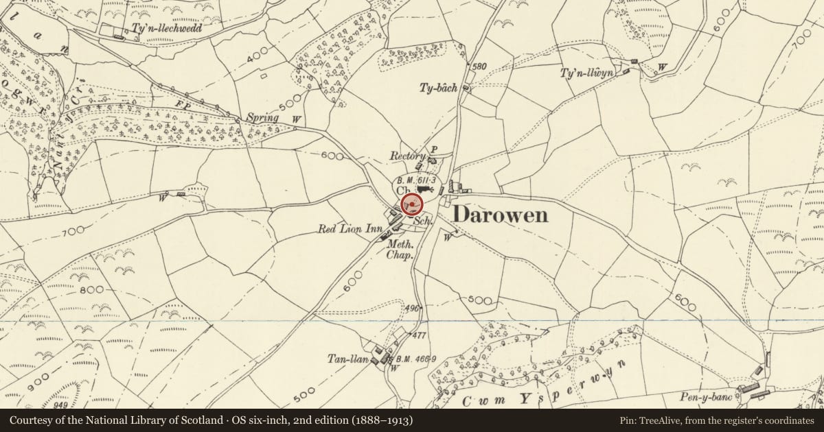 Ordnance Survey six-inch map, 2nd edition (1888–1913) covering the location of Telephone call-box, Darowen, Glantwymyn, Powys, with a pin at the register's coordinates