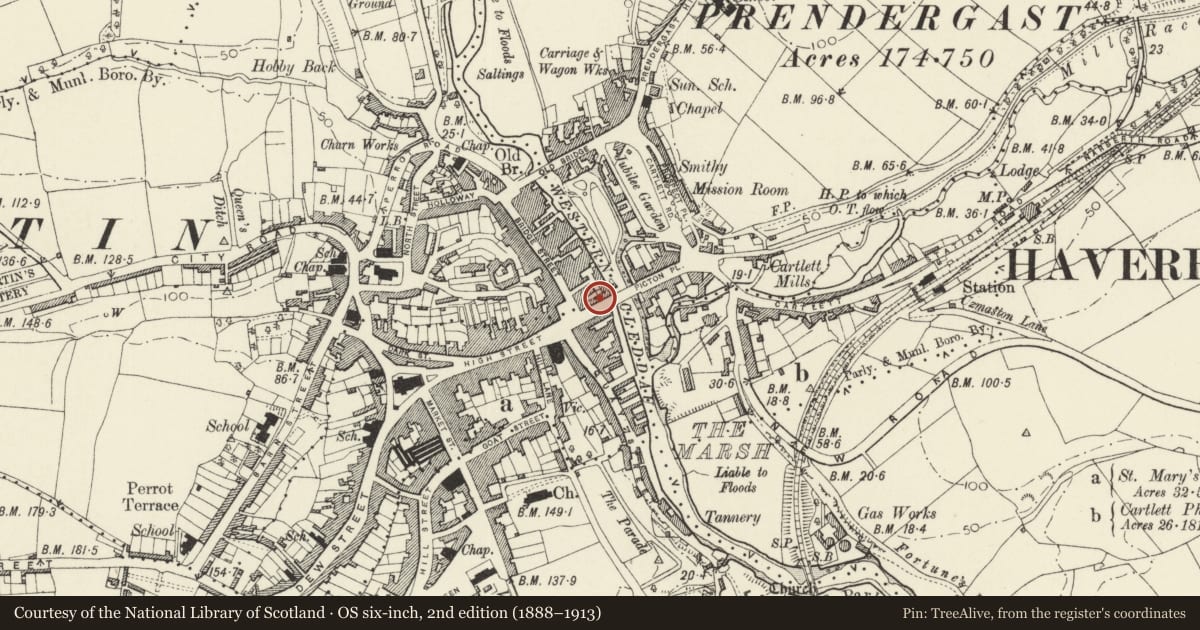 Ordnance Survey six-inch map, 2nd edition (1888–1913) covering the location of 8 Victoria Place, Haverfordwest, Pembrokeshire, with a pin at the register's coordinates
