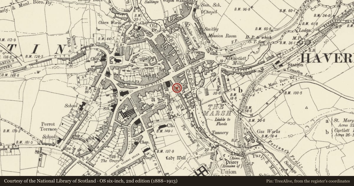 Ordnance Survey six-inch map, 2nd edition (1888–1913) covering the location of 11 Quay Street, Haverfordwest, Pembrokeshire, with a pin at the register's coordinates