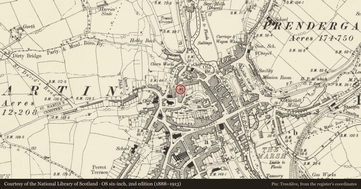 Ordnance Survey six-inch map, 2nd edition (1888–1913) covering the location of No. 2 Castle Terrace, Haverfordwest, Pembrokeshire, with a pin at the register's coordinates