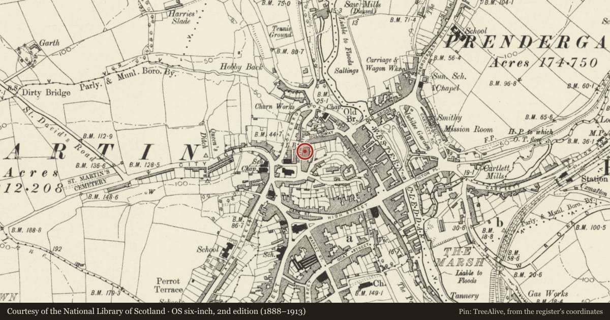 Ordnance Survey six-inch map, 2nd edition (1888–1913) covering the location of No. 3 Castle Terrace, Haverfordwest, Pembrokeshire, with a pin at the register's coordinates