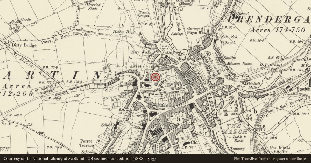 Ordnance Survey six-inch map, 2nd edition (1888–1913) covering the location of No. 5 Castle Terrace, Haverfordwest, Pembrokeshire, with a pin at the register's coordinates