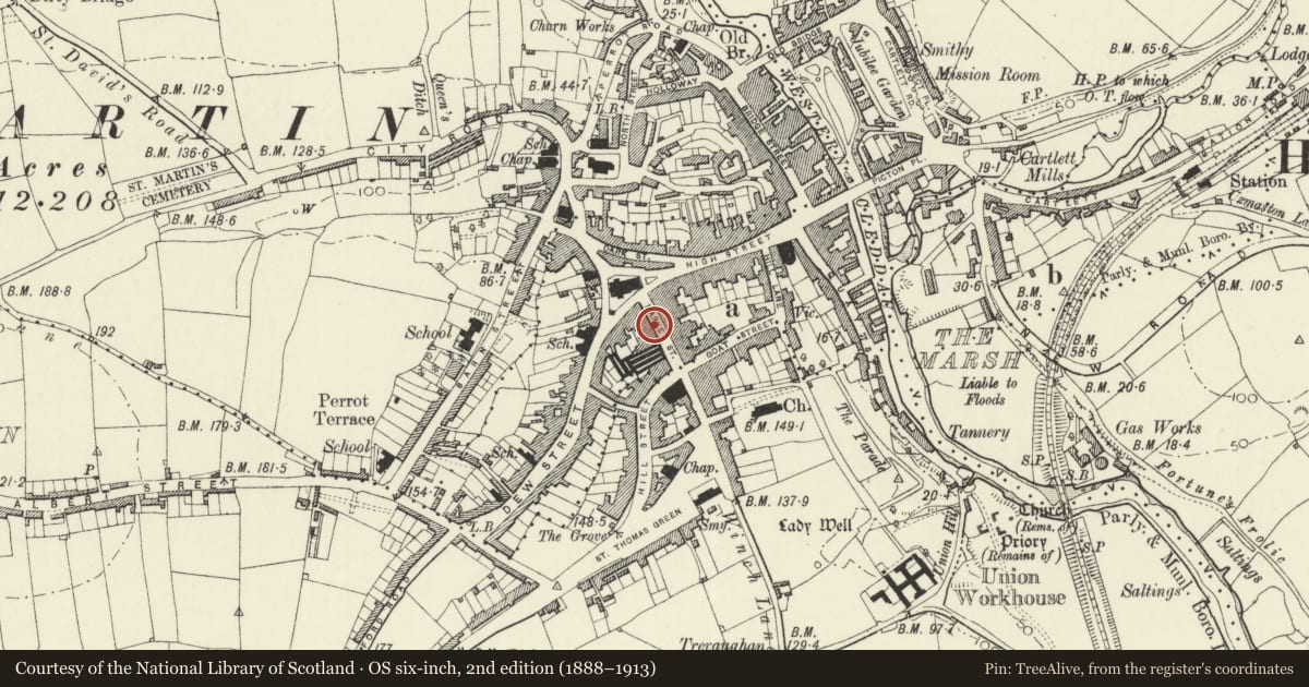 Ordnance Survey six-inch map, 2nd edition (1888–1913) covering the location of 11 Market Street, Haverfordwest, Pembrokeshire, with a pin at the register's coordinates