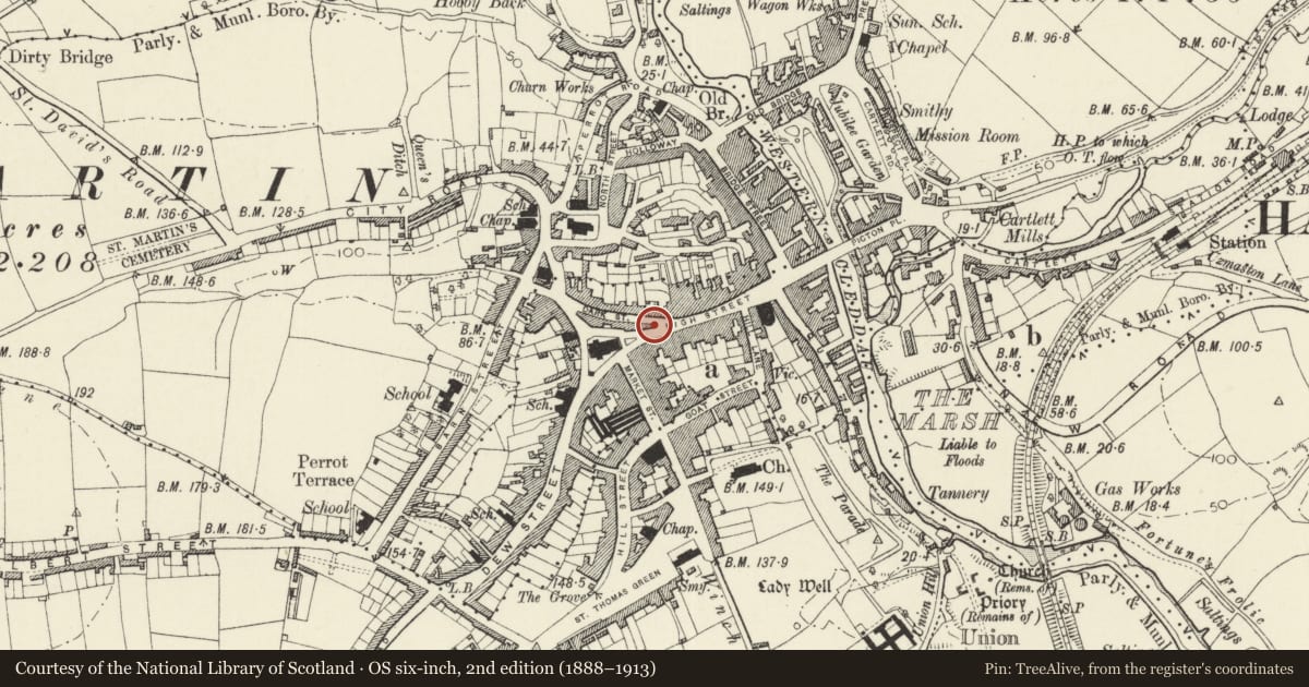 Ordnance Survey six-inch map, 2nd edition (1888–1913) covering the location of Borough House, Haverfordwest, Pembrokeshire, with a pin at the register's coordinates