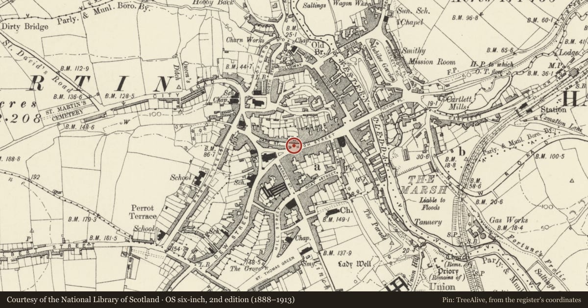 Ordnance Survey six-inch map, 2nd edition (1888–1913) covering the location of Nichol memorial adjoining No 10 High Street, Haverfordwest, Pembrokeshire, with a pin at the register's coordinates