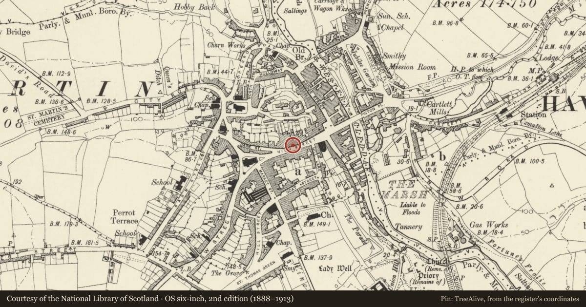 Ordnance Survey six-inch map, 2nd edition (1888–1913) covering the location of 26 High Street, Haverfordwest, Pembrokeshire, with a pin at the register's coordinates