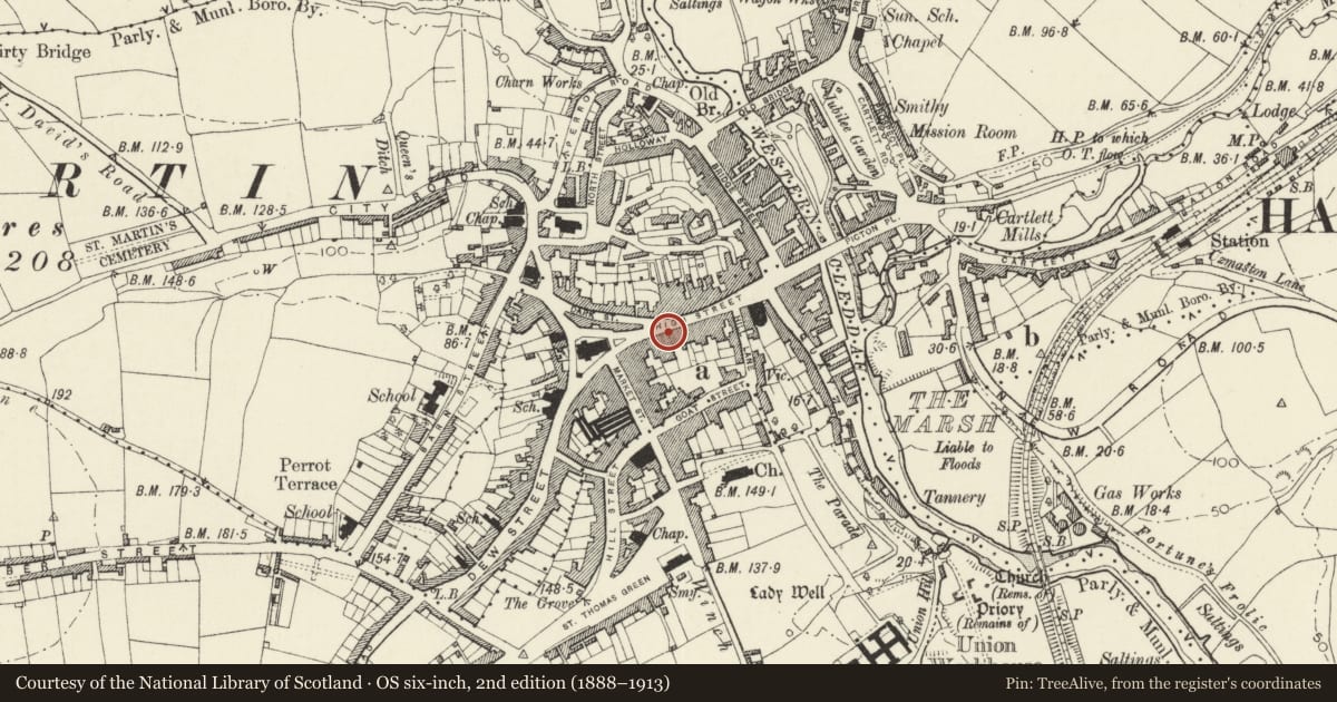 Ordnance Survey six-inch map, 2nd edition (1888–1913) covering the location of 17 High Street, Haverfordwest, Pembrokeshire, with a pin at the register's coordinates