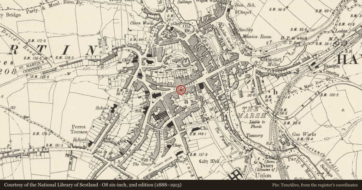 Ordnance Survey six-inch map, 2nd edition (1888–1913) covering the location of 23 High Street, Haverfordwest, Pembrokeshire, with a pin at the register's coordinates