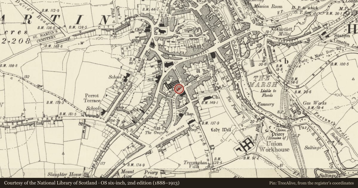 Ordnance Survey six-inch map, 2nd edition (1888–1913) covering the location of 5 Hill Street, Haverfordwest, Pembrokeshire, with a pin at the register's coordinates