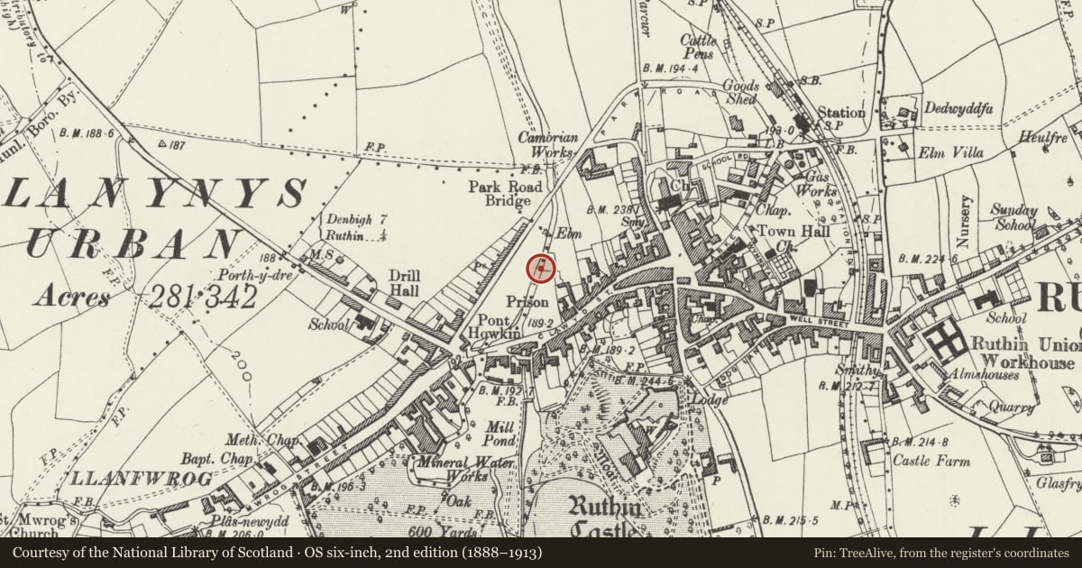 Ordnance Survey six-inch map, 2nd edition (1888–1913) covering the location of Curtain Wall to the Old Gaol including Laundry Block, Ruthin, Denbighshire, with a pin at the register's coordinates