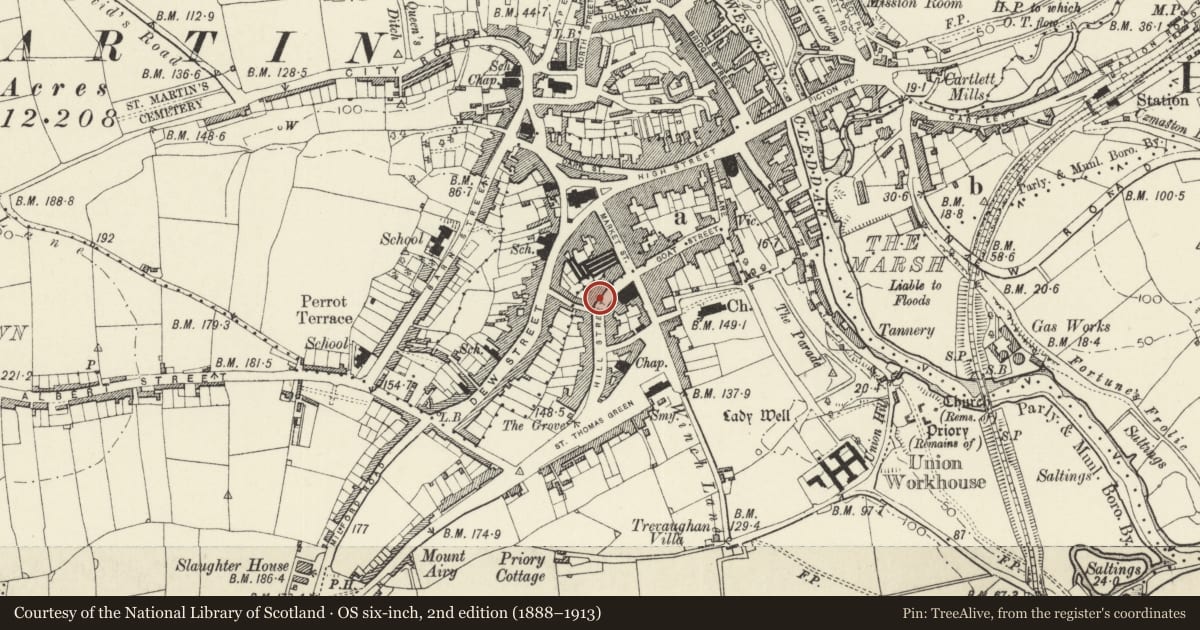Ordnance Survey six-inch map, 2nd edition (1888–1913) covering the location of Nos 13 and 15, Haverfordwest, Pembrokeshire, with a pin at the register's coordinates