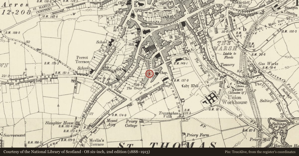 Ordnance Survey six-inch map, 2nd edition (1888–1913) covering the location of 79 Hill Street, Haverfordwest, Pembrokeshire, with a pin at the register's coordinates