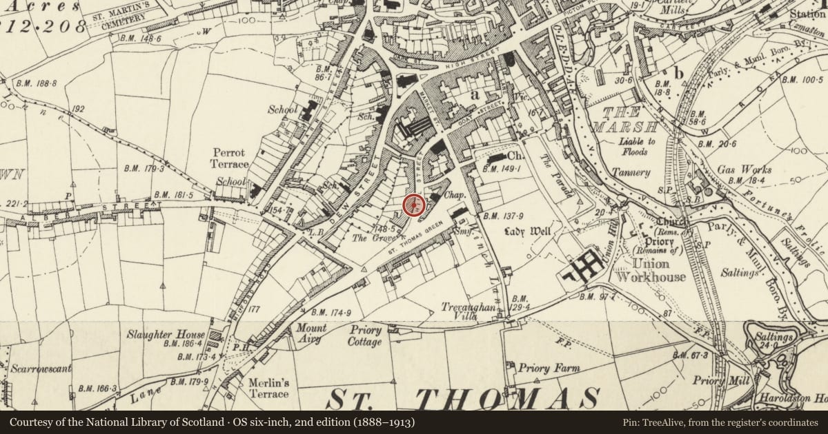 Ordnance Survey six-inch map, 2nd edition (1888–1913) covering the location of 85 Hill Street, Haverfordwest, Pembrokeshire, with a pin at the register's coordinates