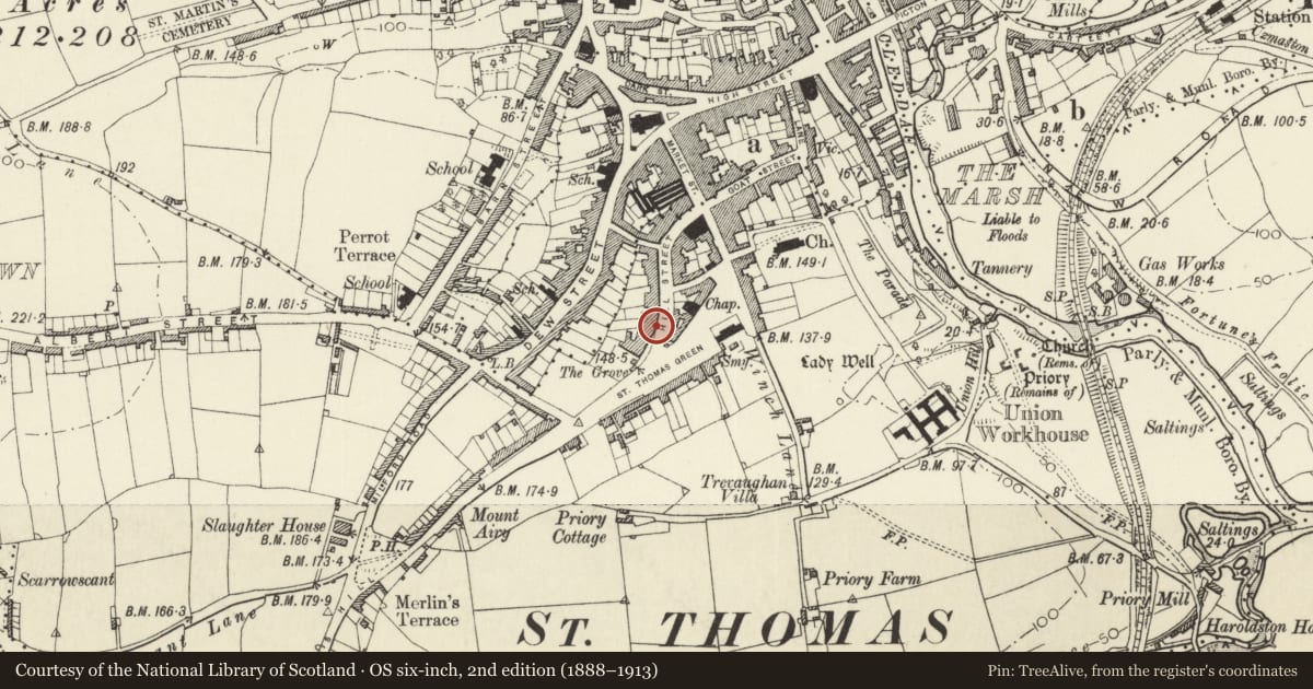 Ordnance Survey six-inch map, 2nd edition (1888–1913) covering the location of 87 Hill Street, Haverfordwest, Pembrokeshire, with a pin at the register's coordinates