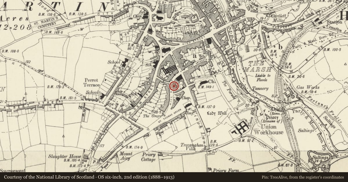 Ordnance Survey six-inch map, 2nd edition (1888–1913) covering the location of 14 Hill Street, Haverfordwest, Pembrokeshire, with a pin at the register's coordinates