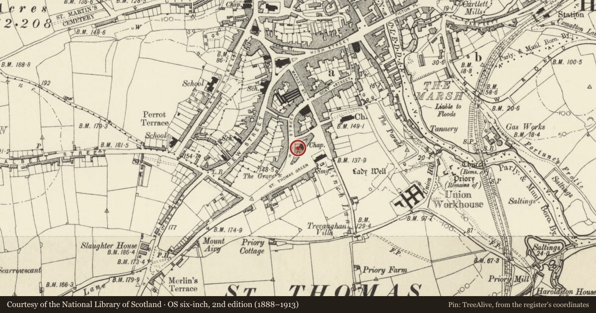 Ordnance Survey six-inch map, 2nd edition (1888–1913) covering the location of Schoolroom to Albany Chapel, Haverfordwest, Pembrokeshire, with a pin at the register's coordinates