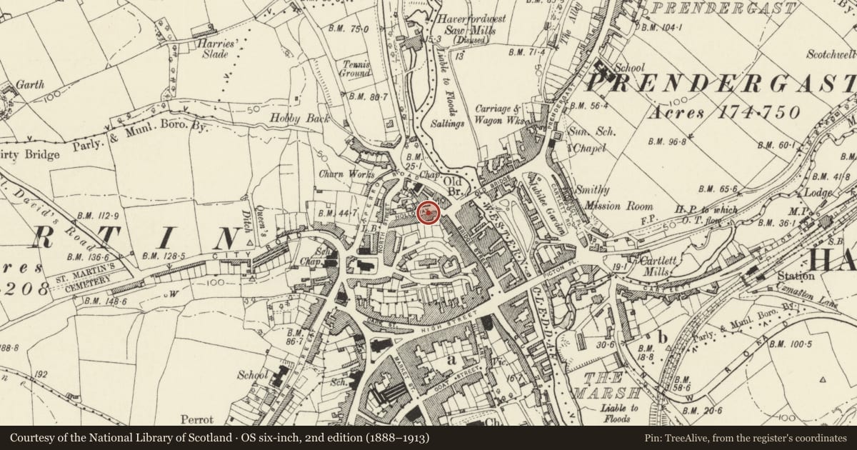 Ordnance Survey six-inch map, 2nd edition (1888–1913) covering the location of 3 Gloucester Terrace, Haverfordwest, Pembrokeshire, with a pin at the register's coordinates