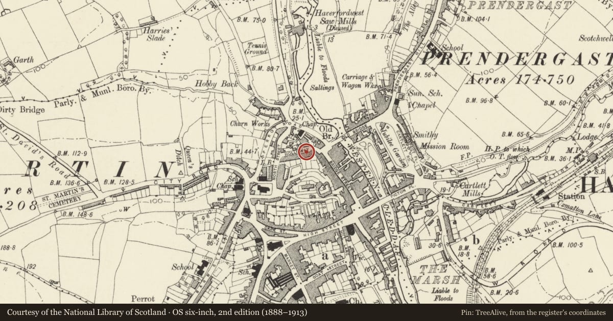 Ordnance Survey six-inch map, 2nd edition (1888–1913) covering the location of 4 Gloucester Terrace, Haverfordwest, Pembrokeshire, with a pin at the register's coordinates