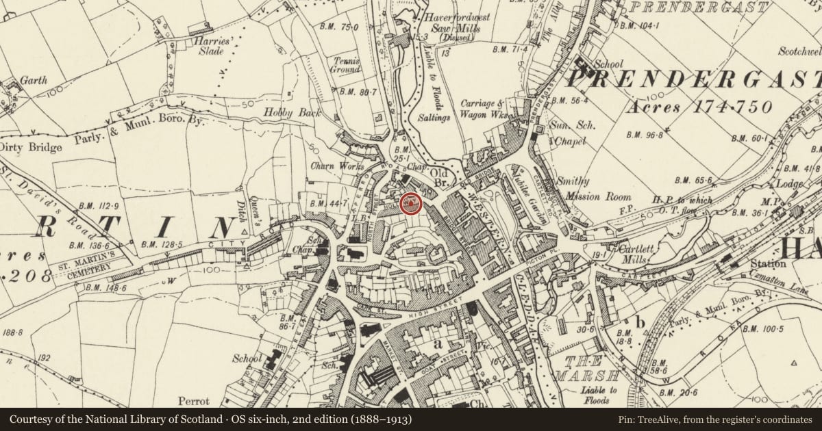 Ordnance Survey six-inch map, 2nd edition (1888–1913) covering the location of 5 Gloucester Terrace, Haverfordwest, Pembrokeshire, with a pin at the register's coordinates
