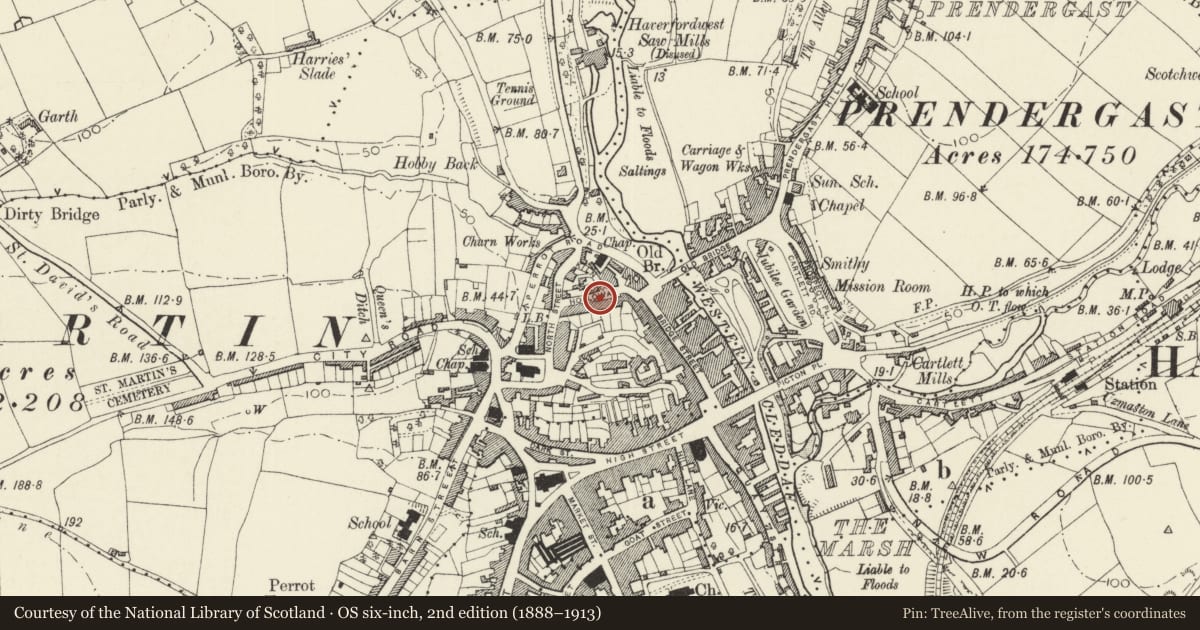 Ordnance Survey six-inch map, 2nd edition (1888–1913) covering the location of 8 Gloucester Terrace, Haverfordwest, Pembrokeshire, with a pin at the register's coordinates
