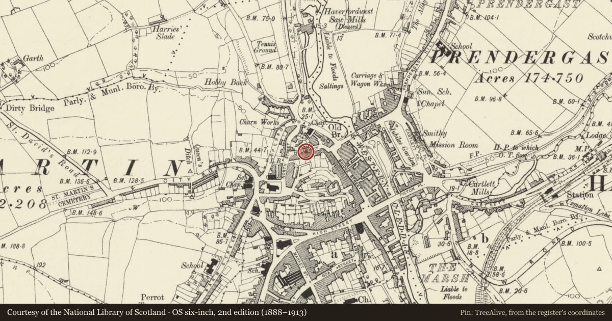 Ordnance Survey six-inch map, 2nd edition (1888–1913) covering the location of No. 10 Gloucester Terrace, Haverfordwest, Pembrokeshire, with a pin at the register's coordinates
