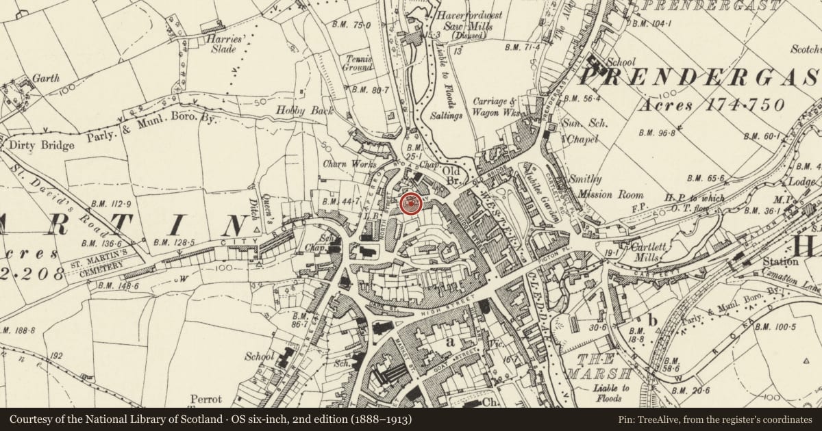 Ordnance Survey six-inch map, 2nd edition (1888–1913) covering the location of No. 11 Gloucester Terrace, Haverfordwest, Pembrokeshire, with a pin at the register's coordinates
