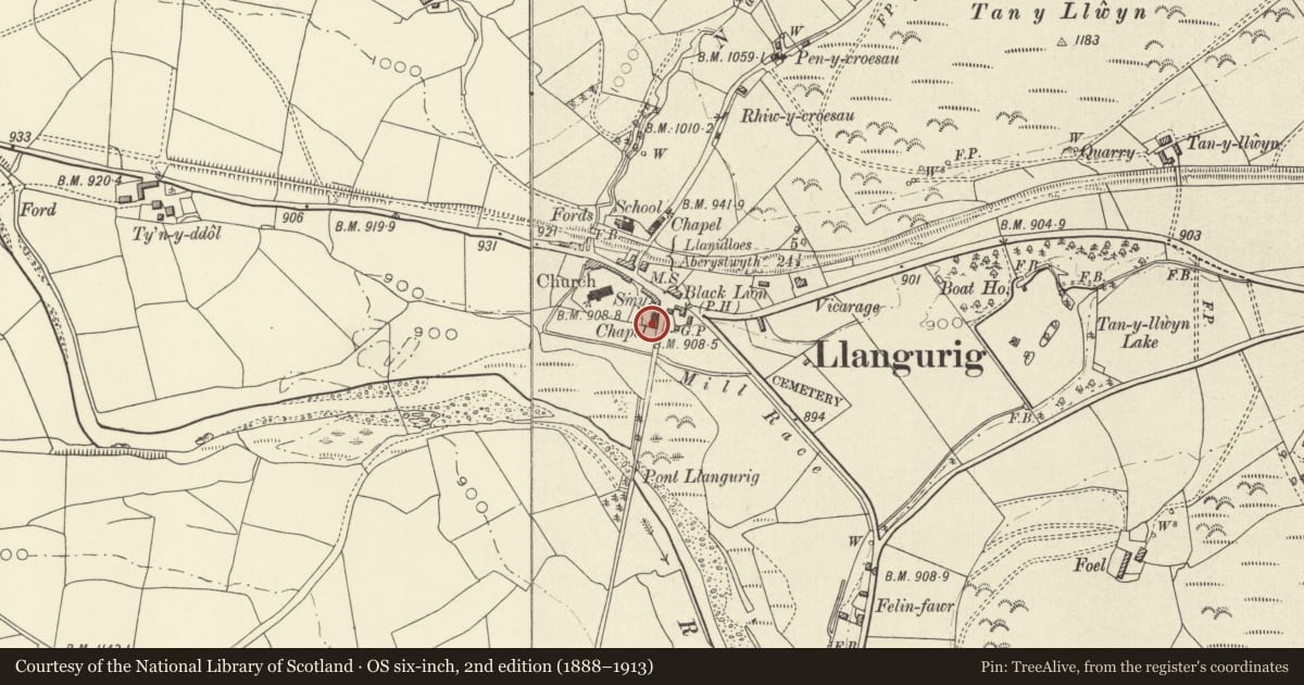 Ordnance Survey six-inch map, 2nd edition (1888–1913) covering the location of Penybont & Glanyrafon, including forecourt wall, Llangurig, Powys, with a pin at the register's coordinates