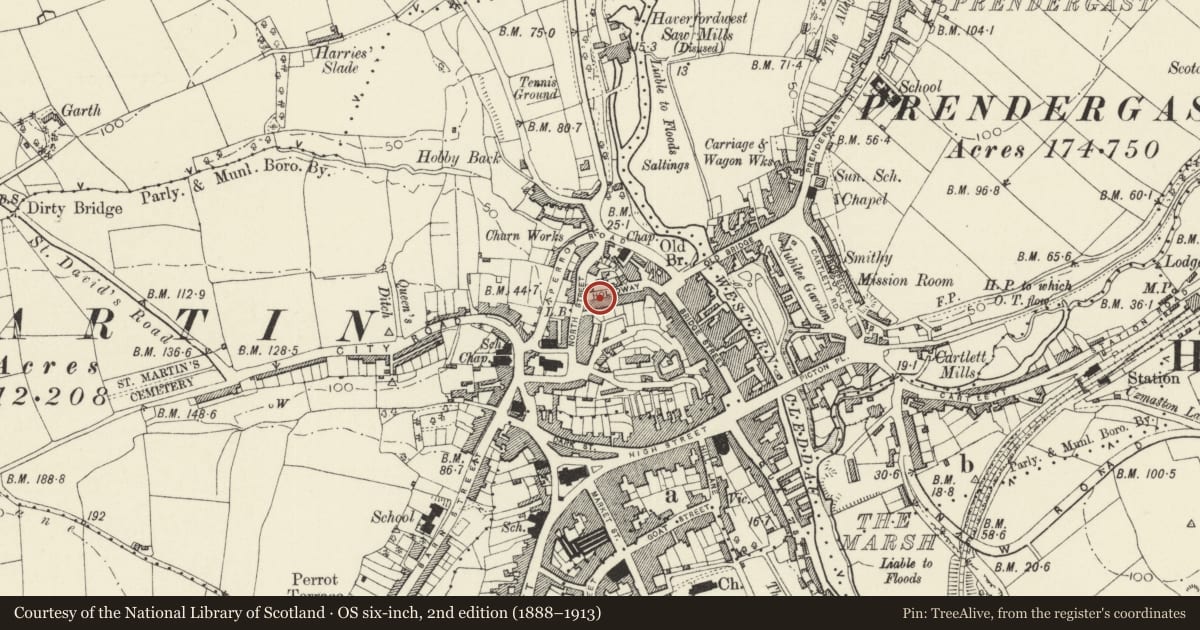 Ordnance Survey six-inch map, 2nd edition (1888–1913) covering the location of Maesteg House, No 14 Gloucester Terrace, Haverfordwest, Pembrokeshire, with a pin at the register's coordinates