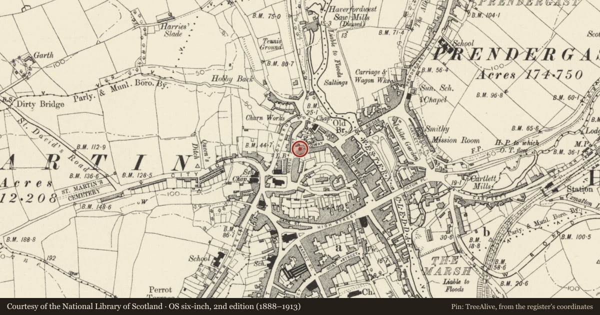 Ordnance Survey six-inch map, 2nd edition (1888–1913) covering the location of Uplands, No 15 Gloucester Terrace, Haverfordwest, Pembrokeshire, with a pin at the register's coordinates