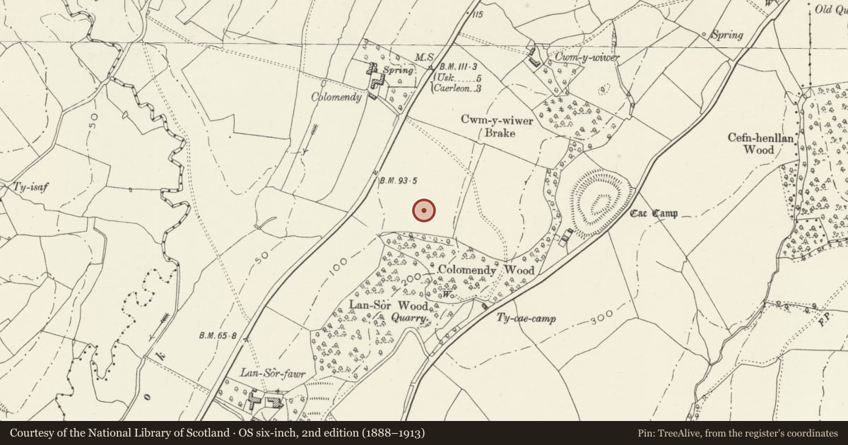 Ordnance Survey six-inch map, 2nd edition (1888–1913) covering the location of Colomendy Wood including attached Garage and Stabling, Llangybi, Monmouthshire, with a pin at the register's coordinates