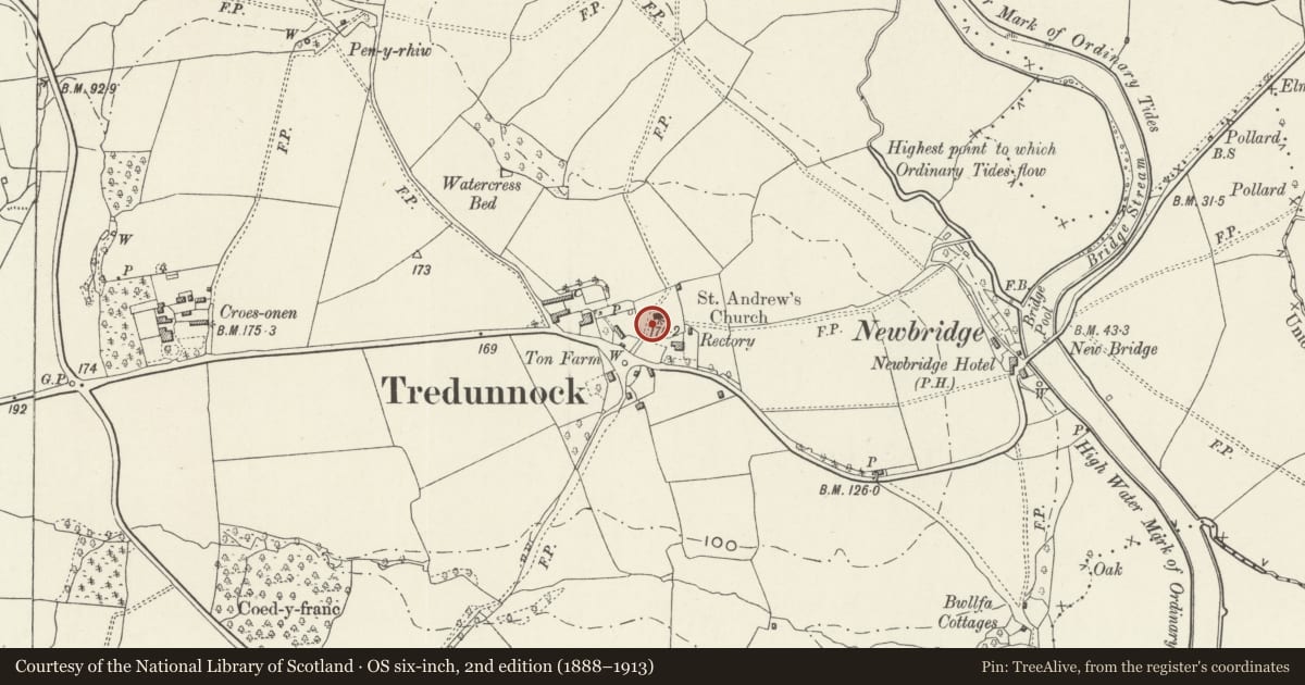 Ordnance Survey six-inch map, 2nd edition (1888–1913) covering the location of Cross in Churchyard of Church of St. Andrew, Llangybi, Monmouthshire, with a pin at the register's coordinates