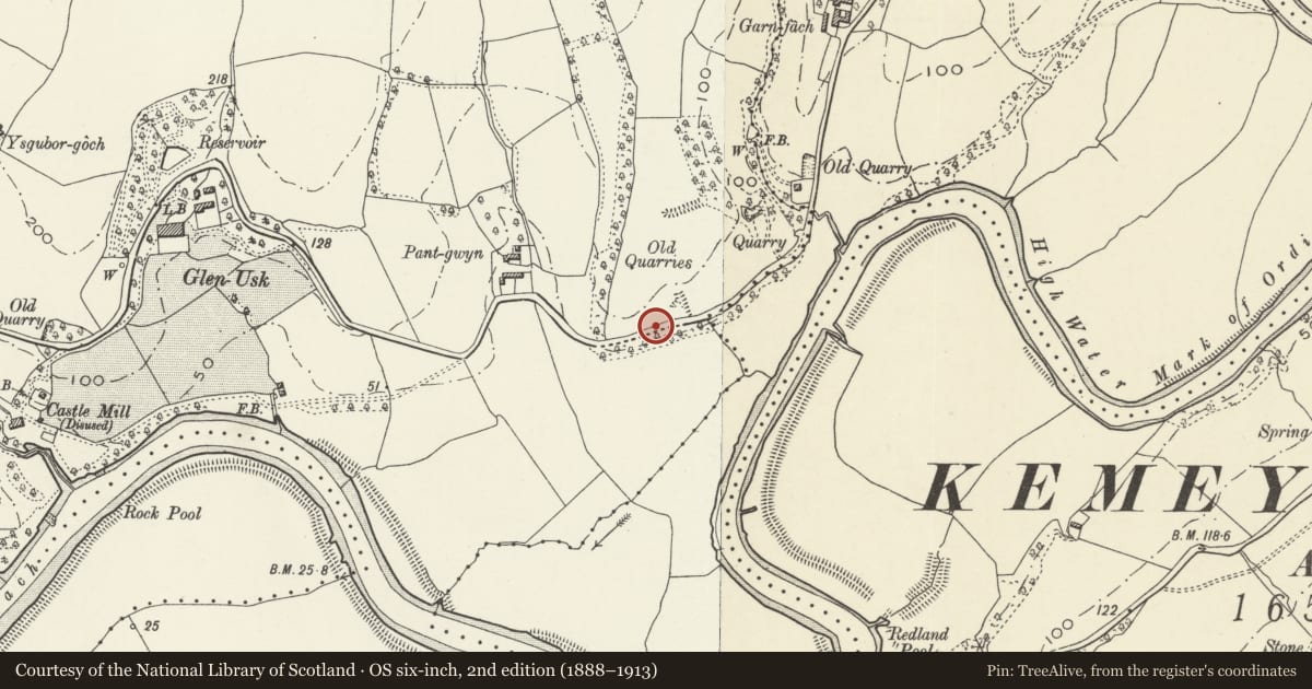 Ordnance Survey six-inch map, 2nd edition (1888–1913) covering the location of Double Limekiln, Llangybi, Monmouthshire, with a pin at the register's coordinates