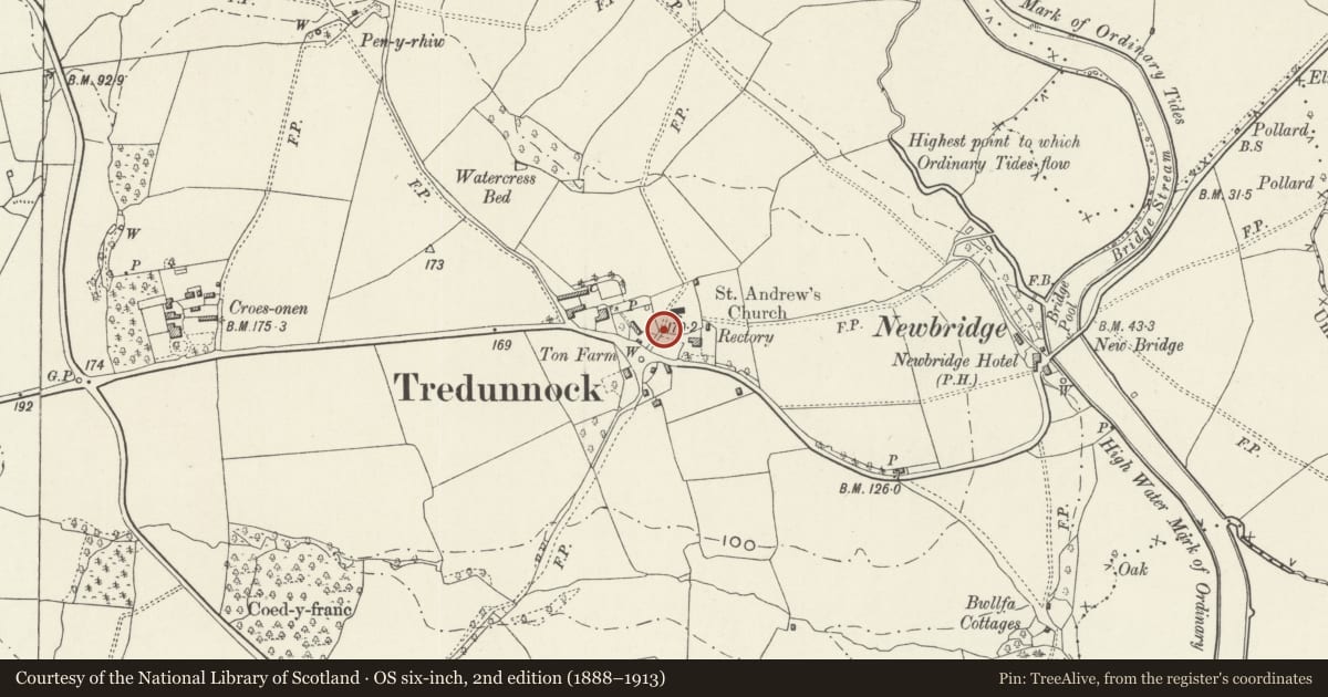 Ordnance Survey six-inch map, 2nd edition (1888–1913) covering the location of Entrance Gate and Fence to the Churchyard of the Church of St. Andrew, Llangybi, Monmouthshire, with a pin at the register's coordinates