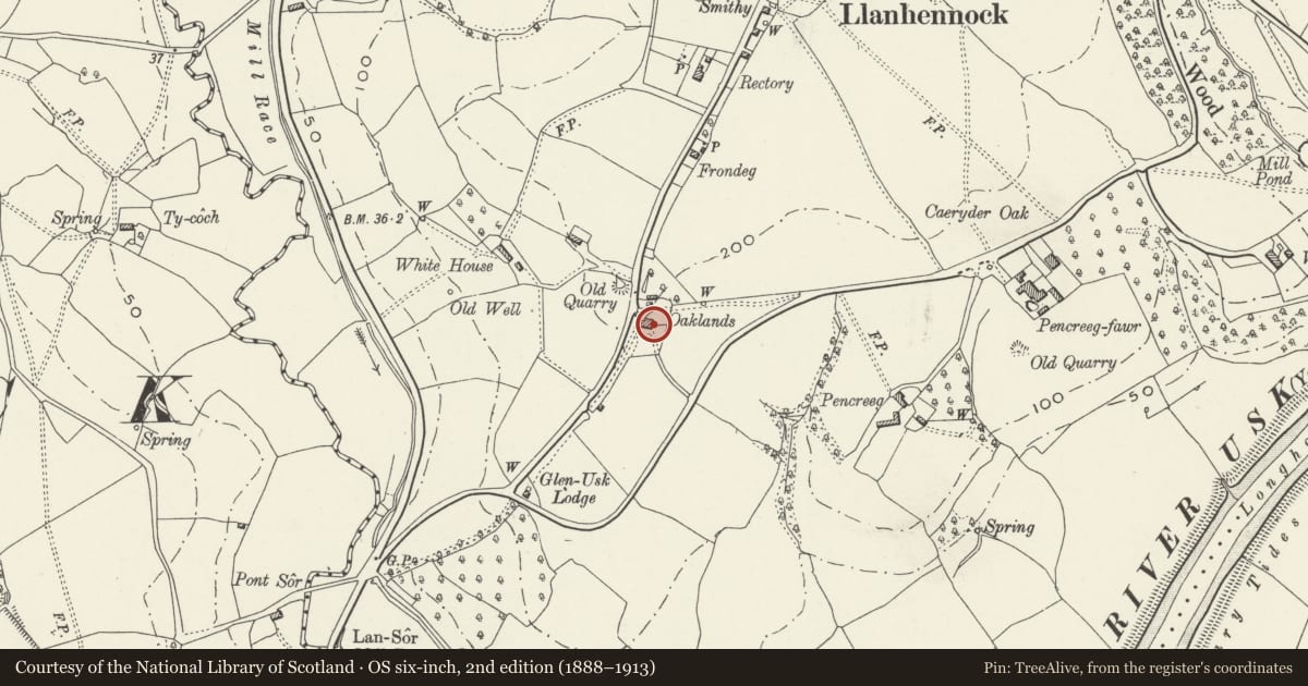 Ordnance Survey six-inch map, 2nd edition (1888–1913) covering the location of Oaklands, Llangybi, Monmouthshire, with a pin at the register's coordinates
