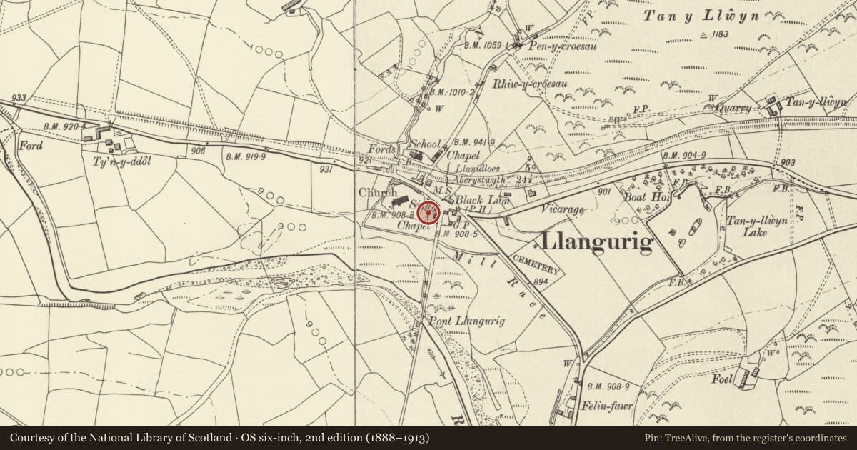 Ordnance Survey six-inch map, 2nd edition (1888–1913) covering the location of Former Coach-house at Penybont, Llangurig, Powys, with a pin at the register's coordinates