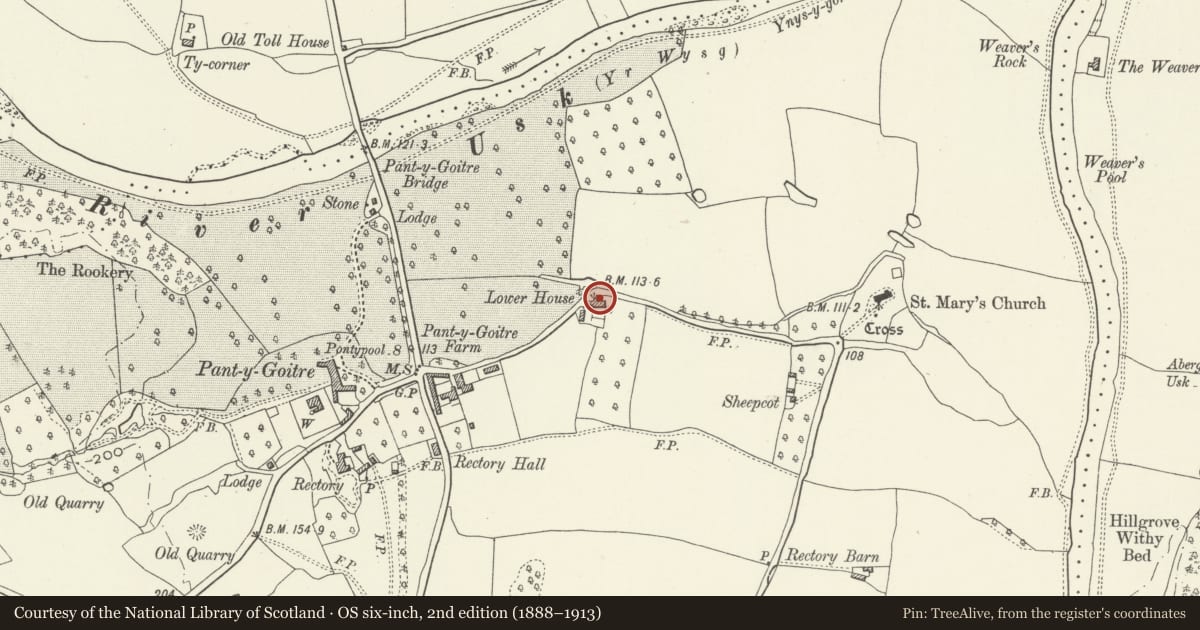 Ordnance Survey six-inch map, 2nd edition (1888–1913) covering the location of Lower House Barn, with attached Cartshed and Granary, 400m to east of Panyt-y-goitre Farm, Gobion Fawr, Monmouthshire, with a pin at the register's coordinates