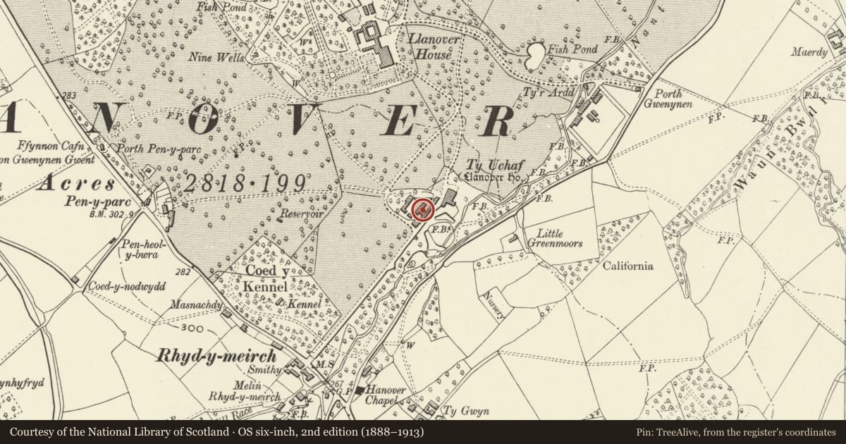 Ordnance Survey six-inch map, 2nd edition (1888–1913) covering the location of Barn and attached building at Ty Uchaf, Goetre Fawr, Monmouthshire, with a pin at the register's coordinates