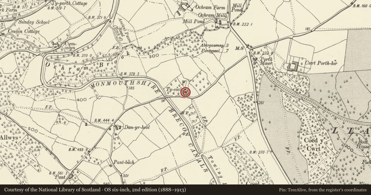 Ordnance Survey six-inch map, 2nd edition (1888–1913) covering the location of Barn and attached Stable at Ty-coch, Goetre Fawr, Monmouthshire, with a pin at the register's coordinates