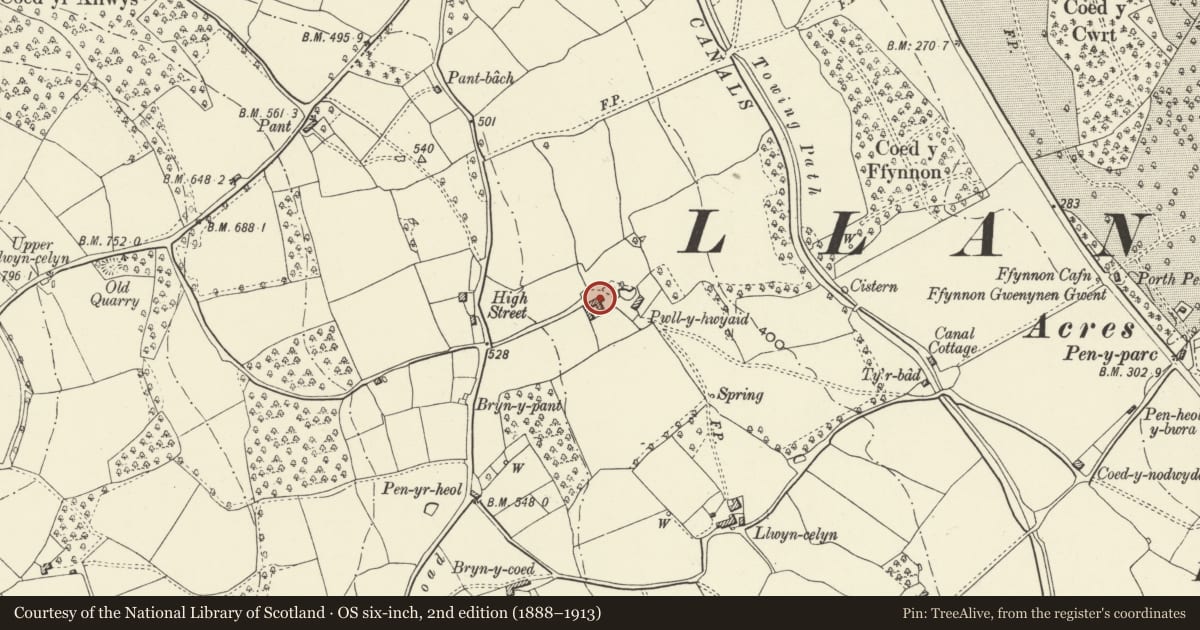 Ordnance Survey six-inch map, 2nd edition (1888–1913) covering the location of Barn and Cowhouse at Pwllyrhwaid Farm, Goetre Fawr, Monmouthshire, with a pin at the register's coordinates