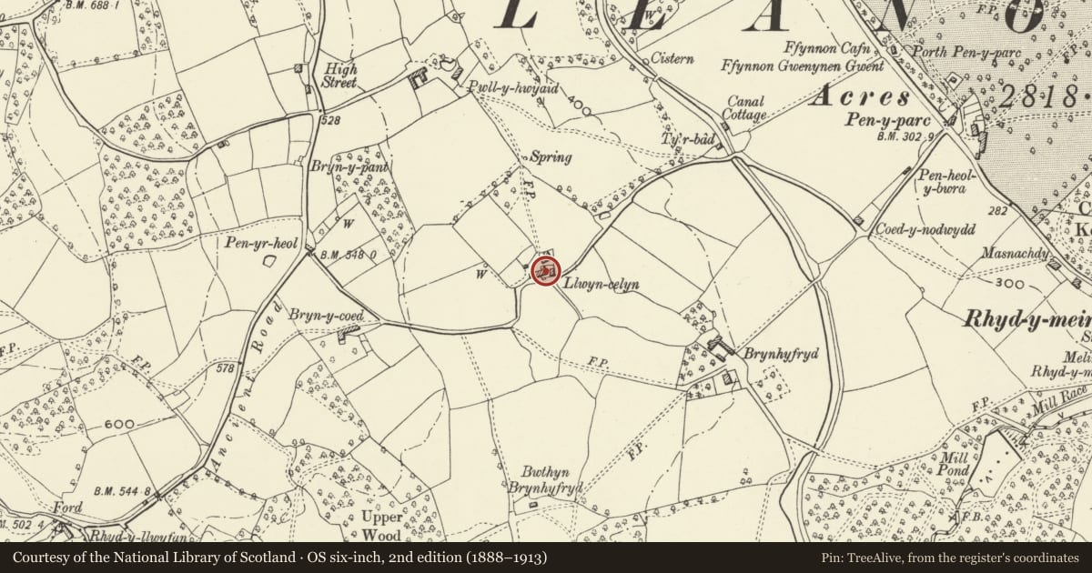 Ordnance Survey six-inch map, 2nd edition (1888–1913) covering the location of Barn at Llwyn-celyn, Goetre Fawr, Monmouthshire, with a pin at the register's coordinates