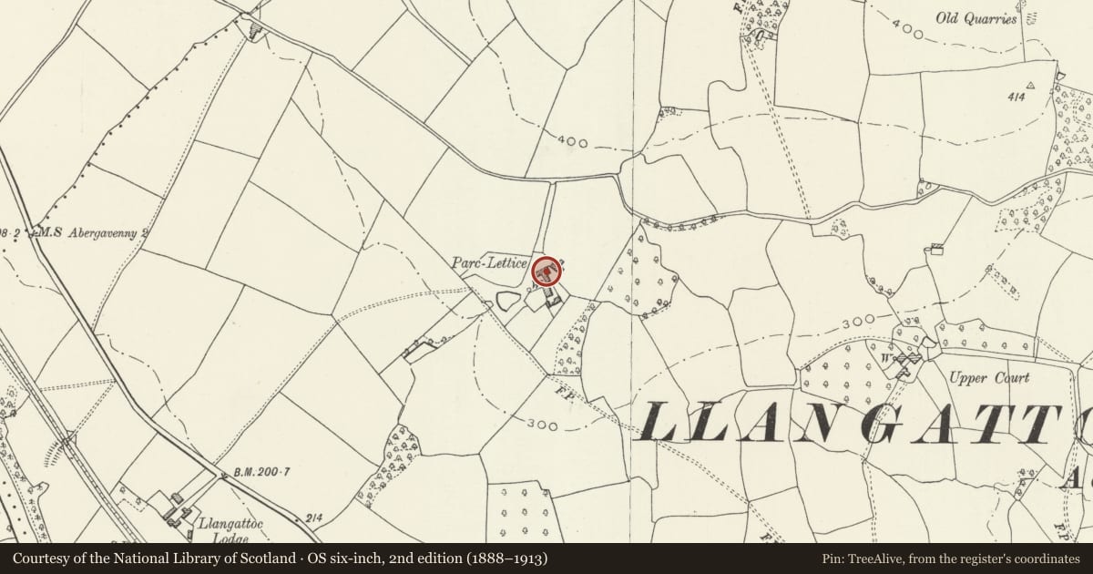 Ordnance Survey six-inch map, 2nd edition (1888–1913) covering the location of Barn at Parc Llettis Farm, Gobion Fawr, Monmouthshire, with a pin at the register's coordinates