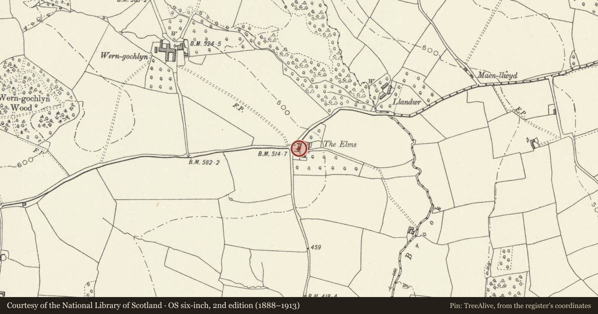 Ordnance Survey six-inch map, 2nd edition (1888–1913) covering the location of Barn at The Elms, Gobion Fawr, Monmouthshire, with a pin at the register's coordinates