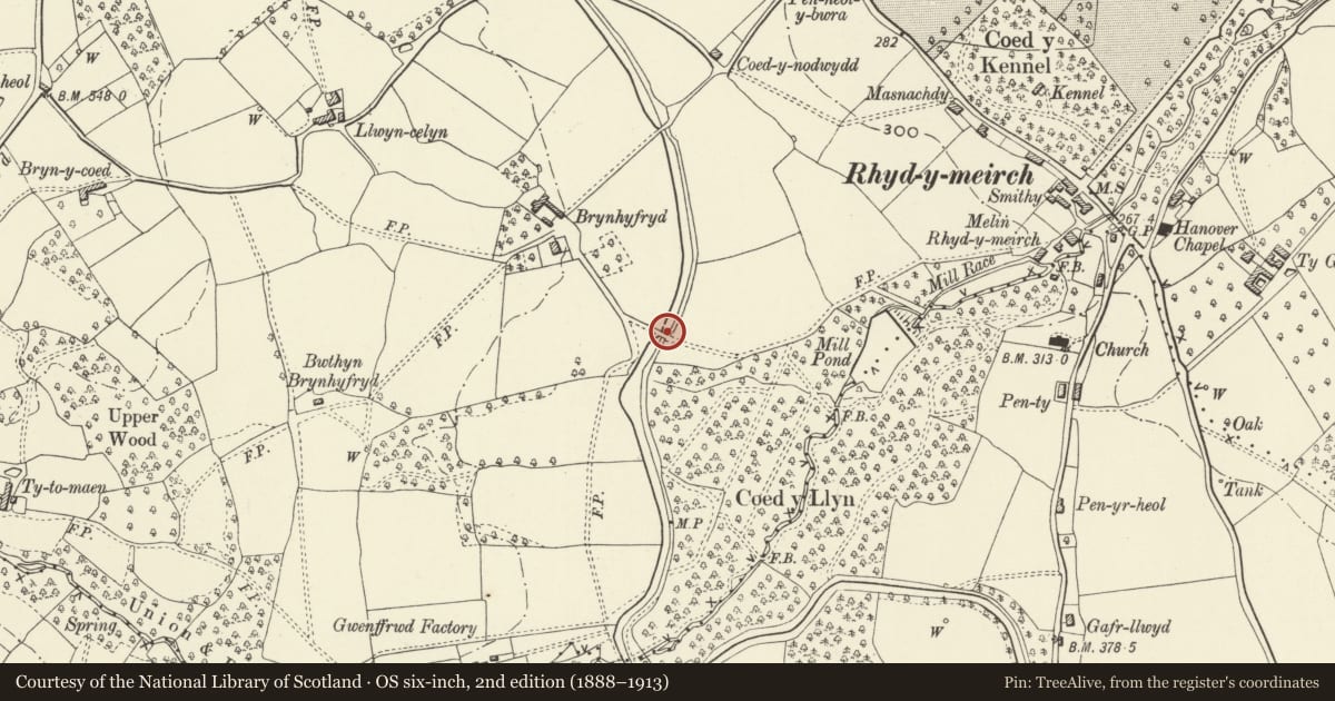 Ordnance Survey six-inch map, 2nd edition (1888–1913) covering the location of Bridge No. 79 Monmouthshire and Brecon Canal, Goetre Fawr, Monmouthshire, with a pin at the register's coordinates