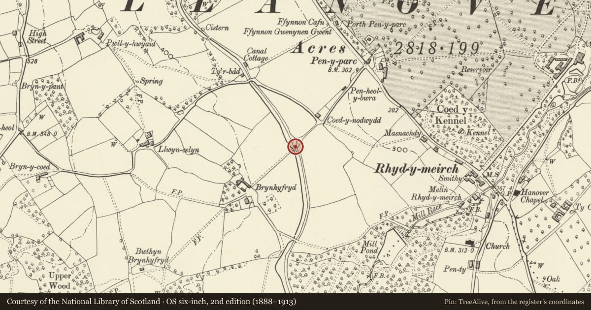 Ordnance Survey six-inch map, 2nd edition (1888–1913) covering the location of Bridge No. 80 Monmouthshire and Brecon Canal, Goetre Fawr, Monmouthshire, with a pin at the register's coordinates
