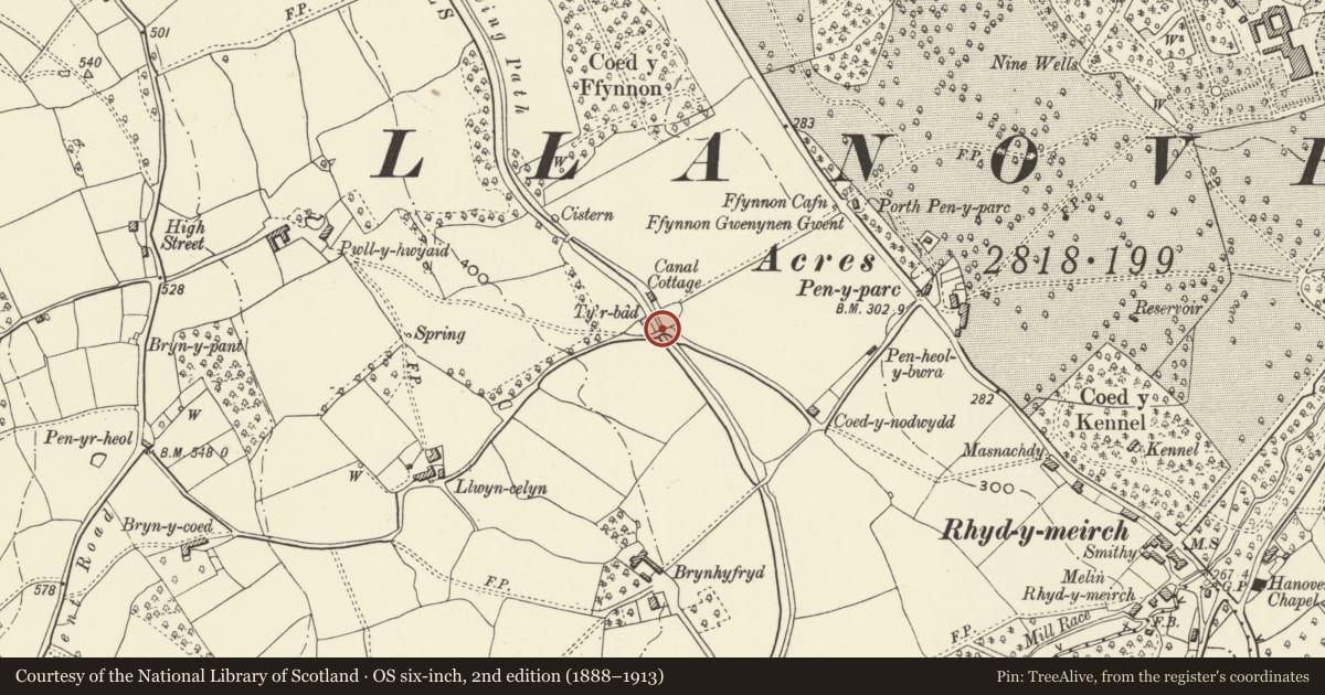 Ordnance Survey six-inch map, 2nd edition (1888–1913) covering the location of Bridge No. 81 Monmouthshire and Brecon Canal, Goetre Fawr, Monmouthshire, with a pin at the register's coordinates