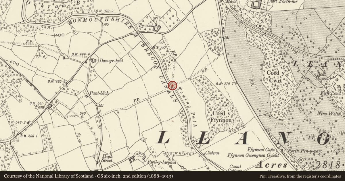 Ordnance Survey six-inch map, 2nd edition (1888–1913) covering the location of Bridge No. 83 Monmouthshire and Brecon Canal, Goetre Fawr, Monmouthshire, with a pin at the register's coordinates