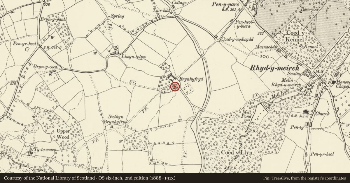 Ordnance Survey six-inch map, 2nd edition (1888–1913) covering the location of Bryn-hyfryd, Goetre Fawr, Monmouthshire, with a pin at the register's coordinates